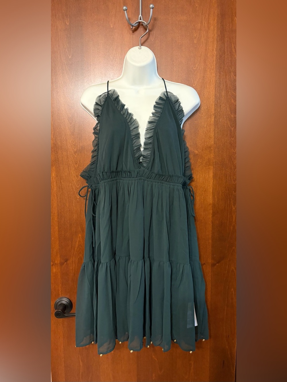 New ASOS Dark Green Ruffle Tiered Spaghetti Strap Dress Size 12